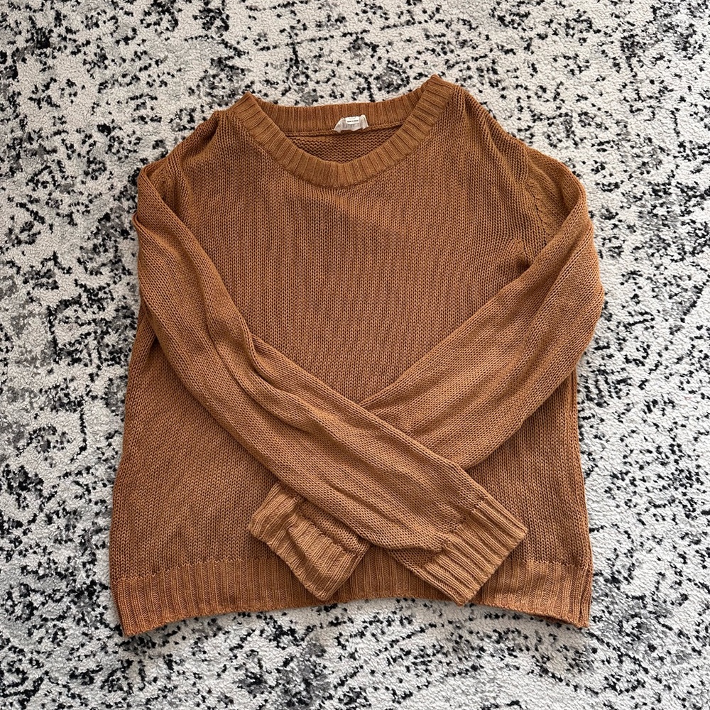 Pact Women's Camel Open-Knit Crew Medium Sweater